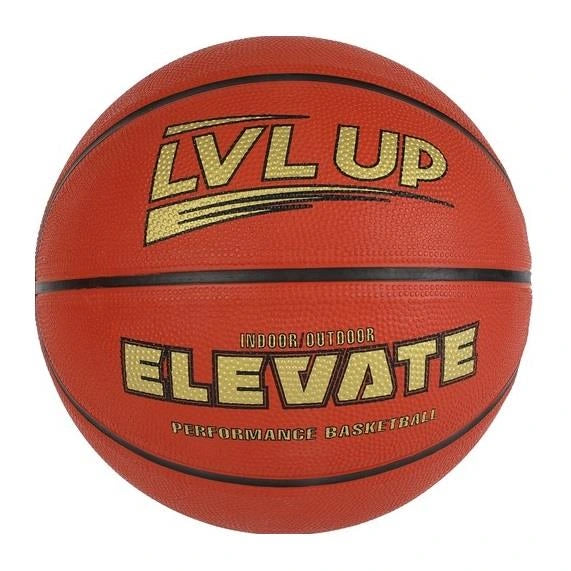 Orange basketball with black lines. "LVL UP" and "ELEVATE" are printed on the ball in gold text.